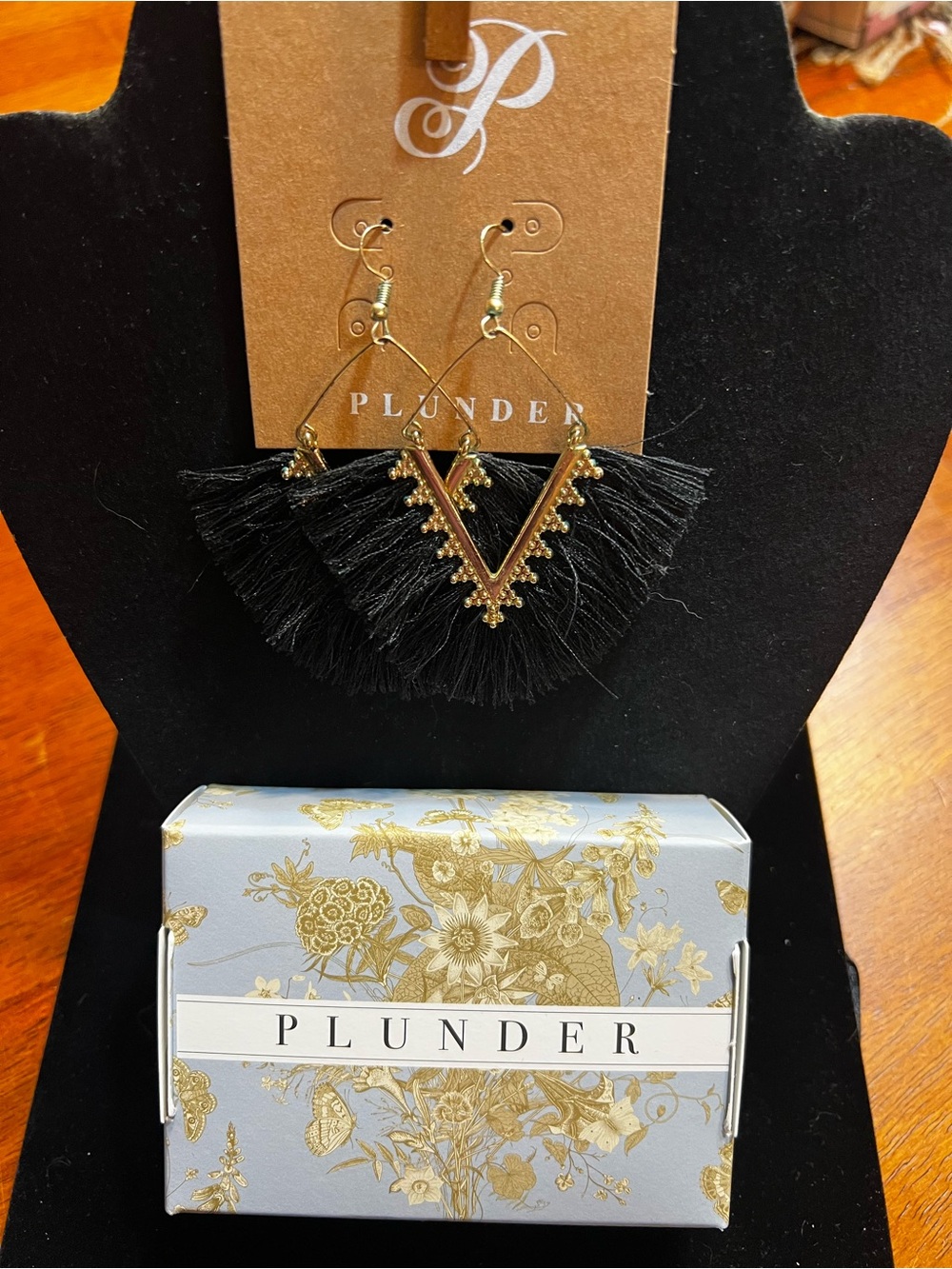 Plunder Black and Gold V-Shape Fringe Earrings